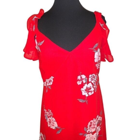 Speechless Red Floral A-Line V-Neck Short Sleeve Flutter Hem Midi Dress Size L - Picture 2 of 5
